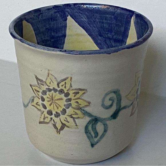 Vintage Studio Pottery Plant Pot Hand Painted House Blue Yellow 94” Floral Leaf - Picture 1 of 16